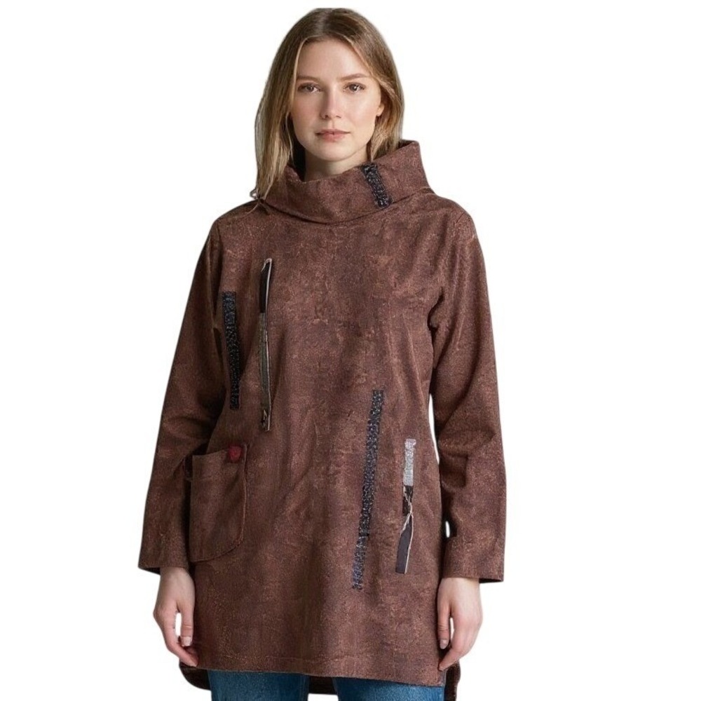 Lagenlook Boho Artsy Tunic Top High Neck Wearable Art Attached Pouch Satchel S/M